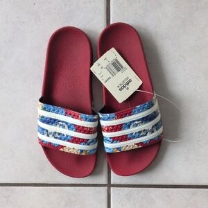 Adidas Red Slides with Multicolor Straps
